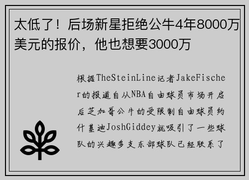 太低了!后场新星拒绝公牛4年8000万美元的报价,他也想要3000万 太低了!后场新星拒绝公牛4年8000万美元的报价,他也想要3000万